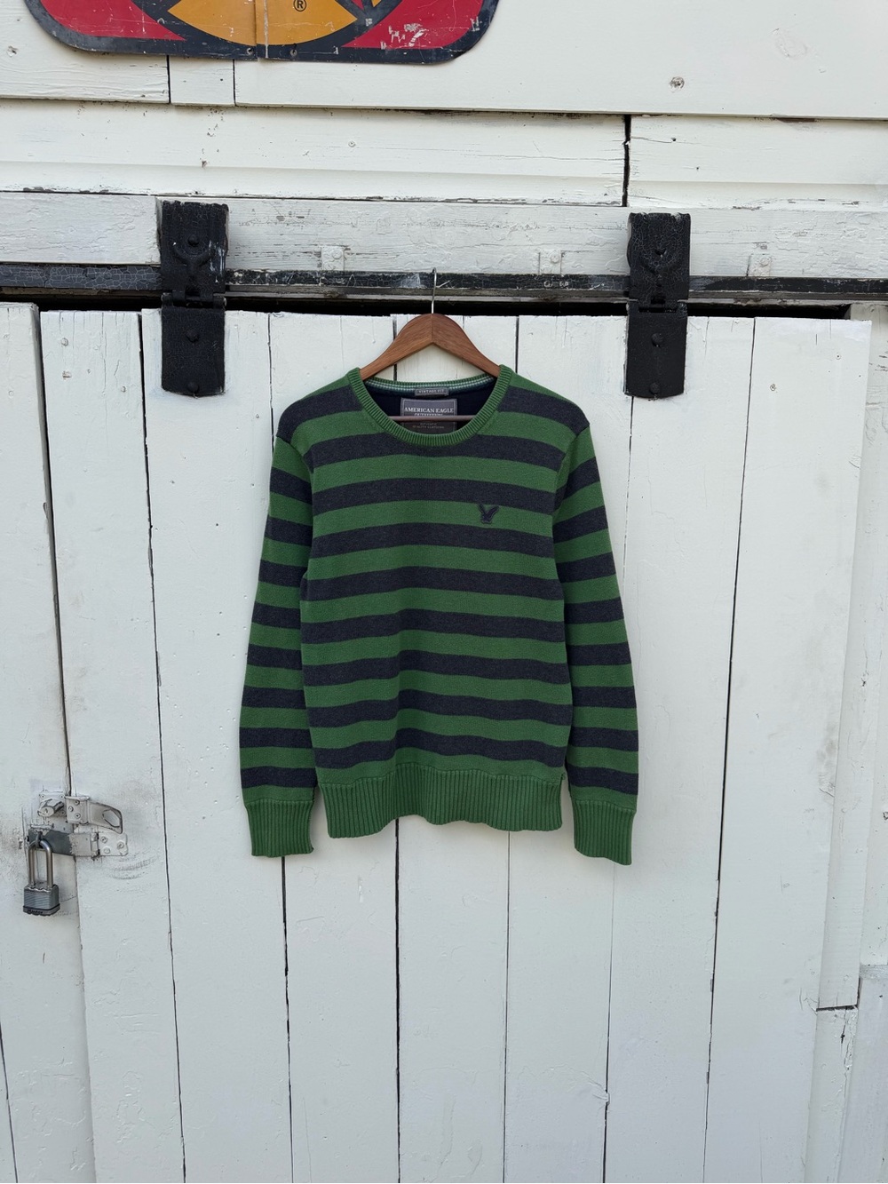 American Eagle Outfitters Green and Navy Striped Crewneck Sweater